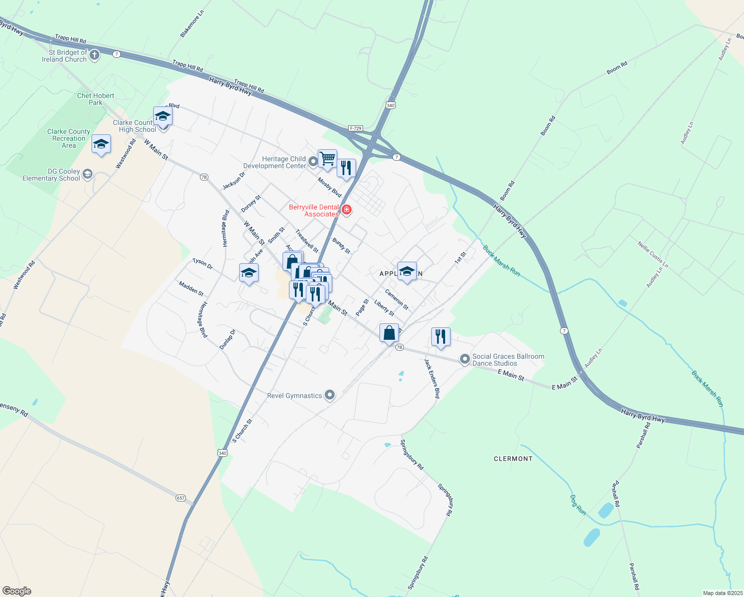 map of restaurants, bars, coffee shops, grocery stores, and more near 205 Liberty Street in Berryville