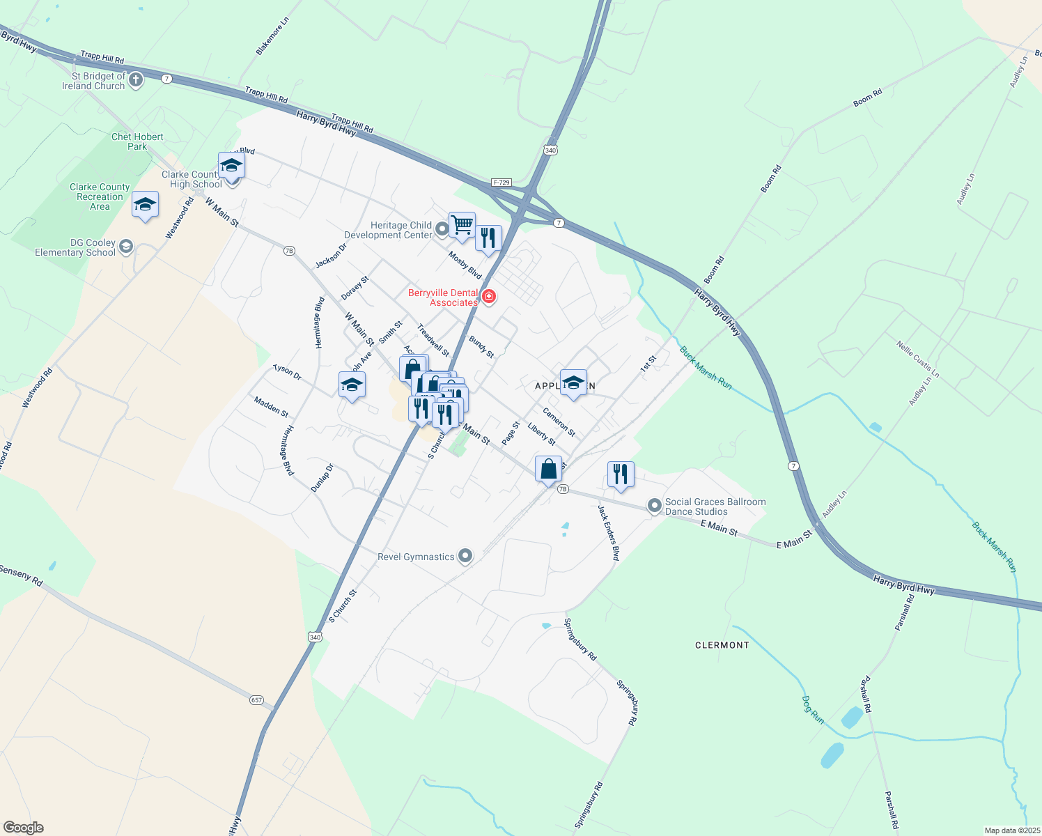 map of restaurants, bars, coffee shops, grocery stores, and more near 112 Liberty Street in Berryville
