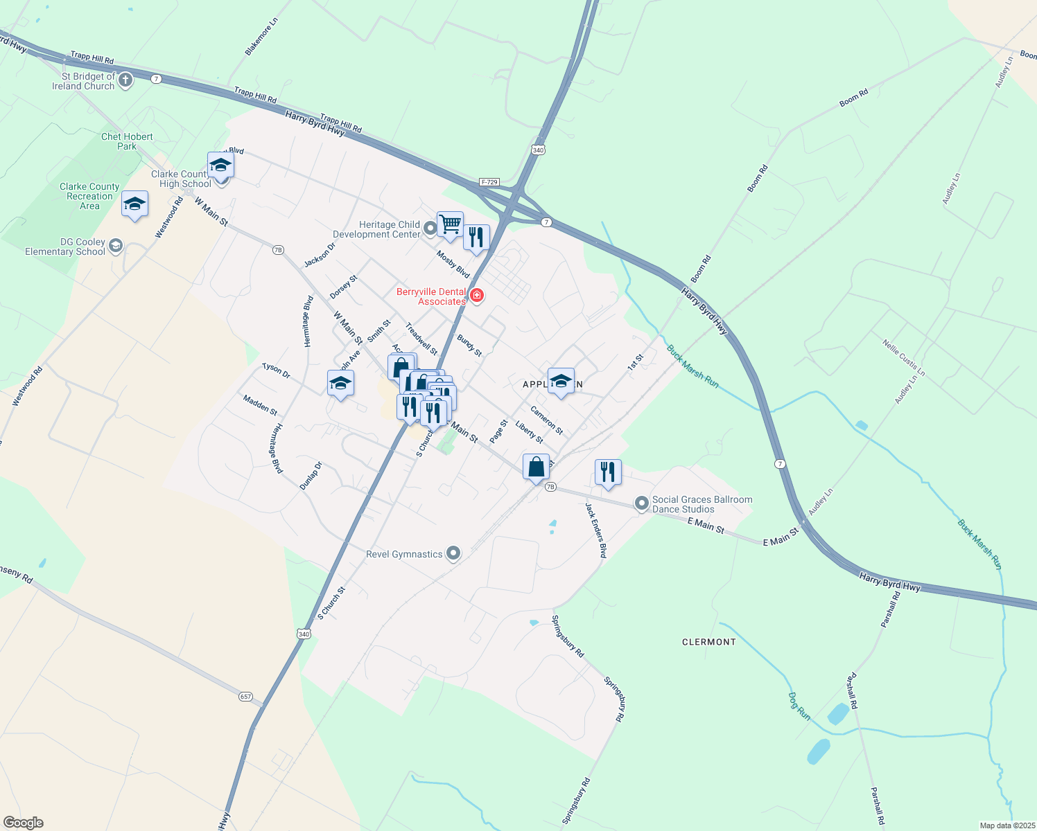 map of restaurants, bars, coffee shops, grocery stores, and more near 110 Page Street in Berryville