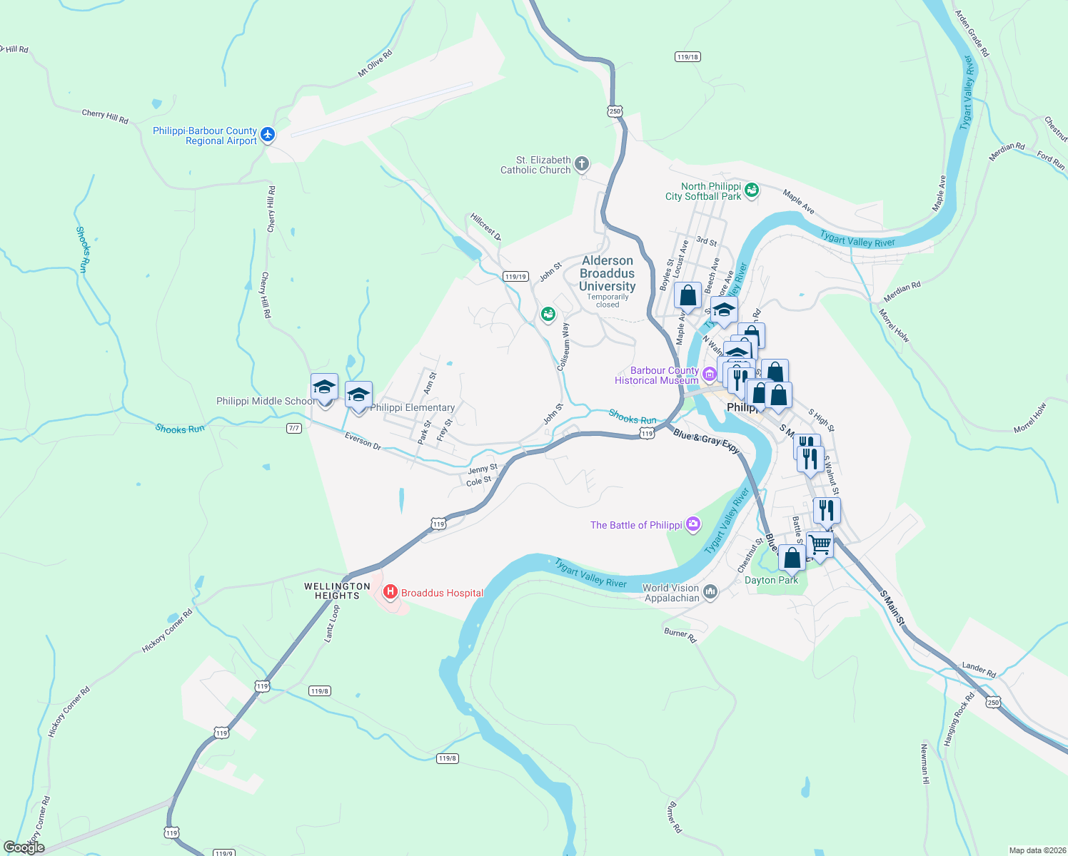 map of restaurants, bars, coffee shops, grocery stores, and more near 67 John St in Philippi