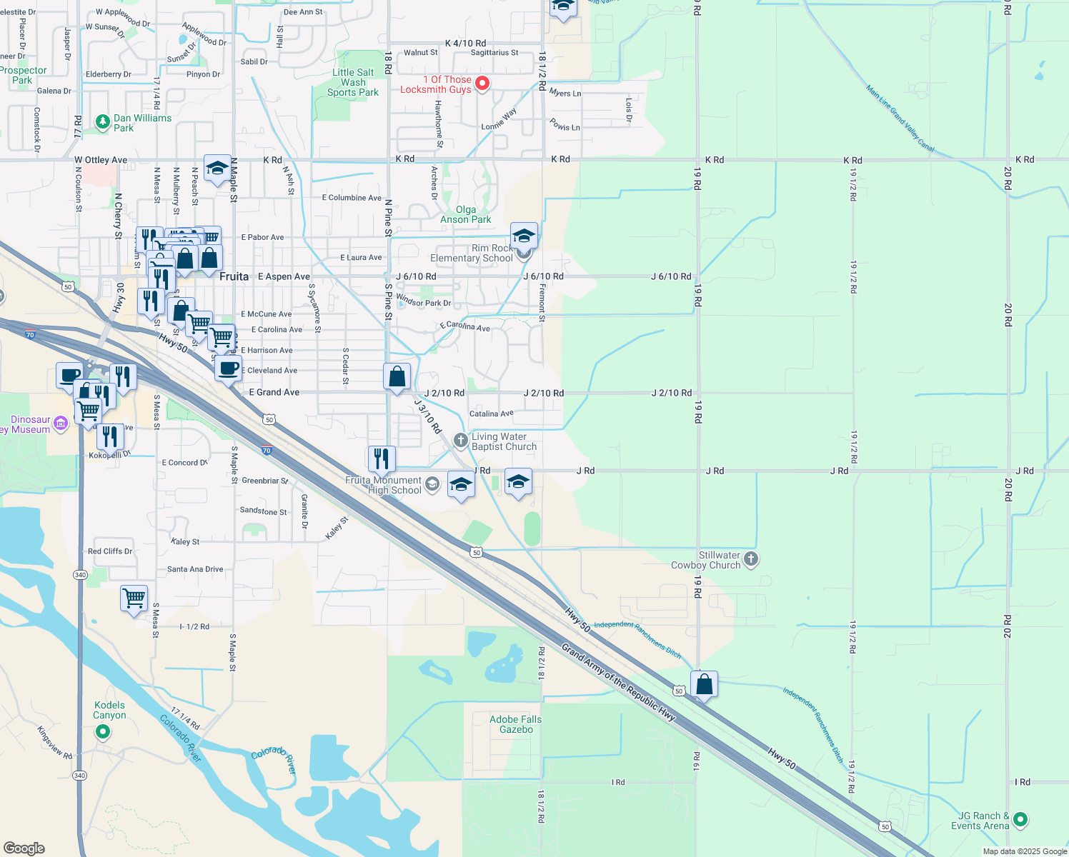 map of restaurants, bars, coffee shops, grocery stores, and more near 1476 Satterfield Ave in Fruita