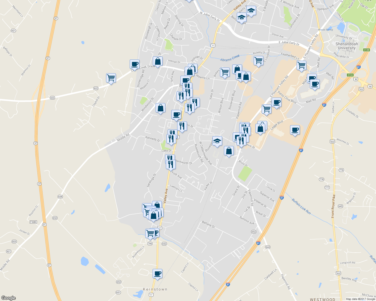 map of restaurants, bars, coffee shops, grocery stores, and more near 419 Crescent Drive in Winchester