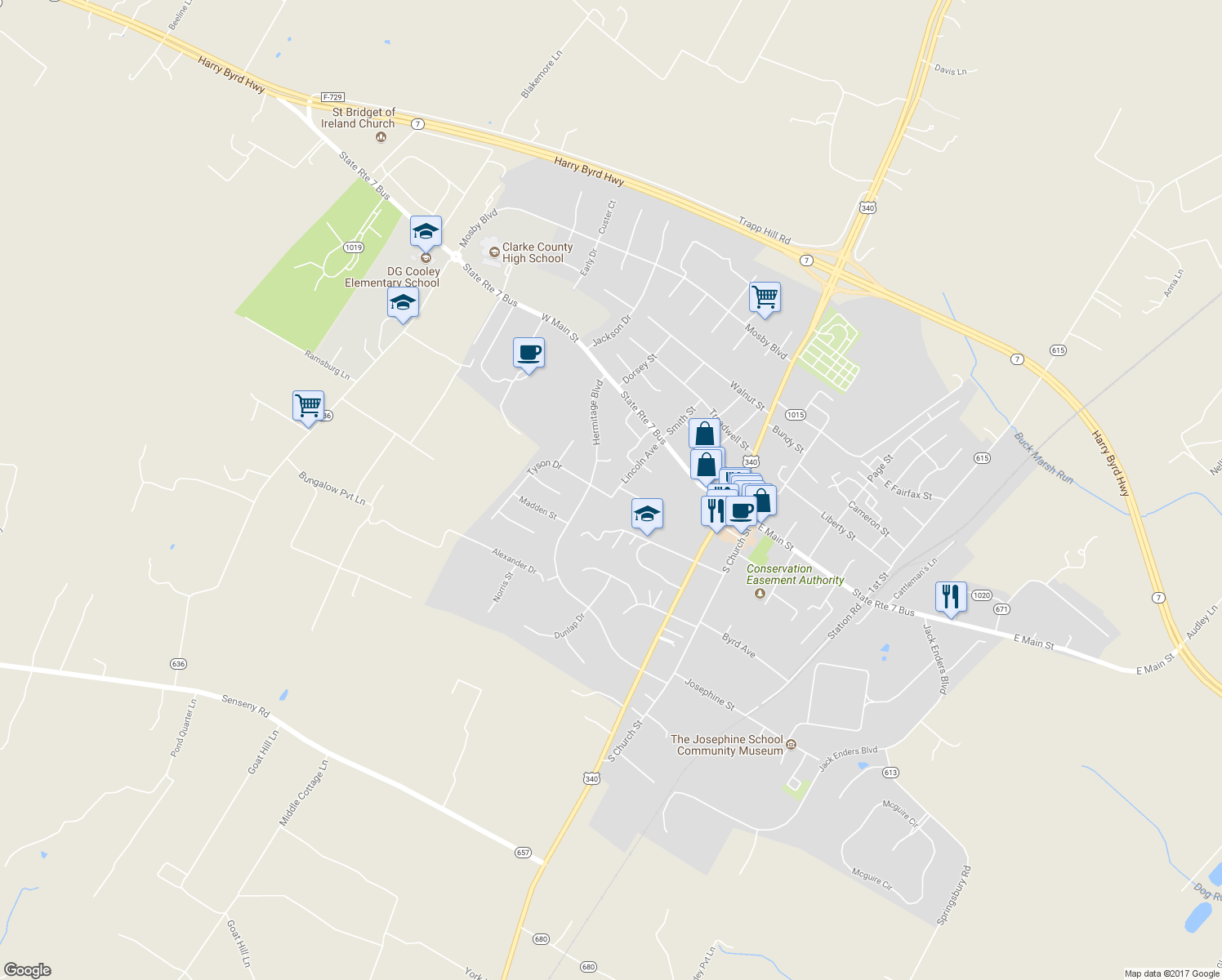 map of restaurants, bars, coffee shops, grocery stores, and more near 101 Tyson Drive in Berryville