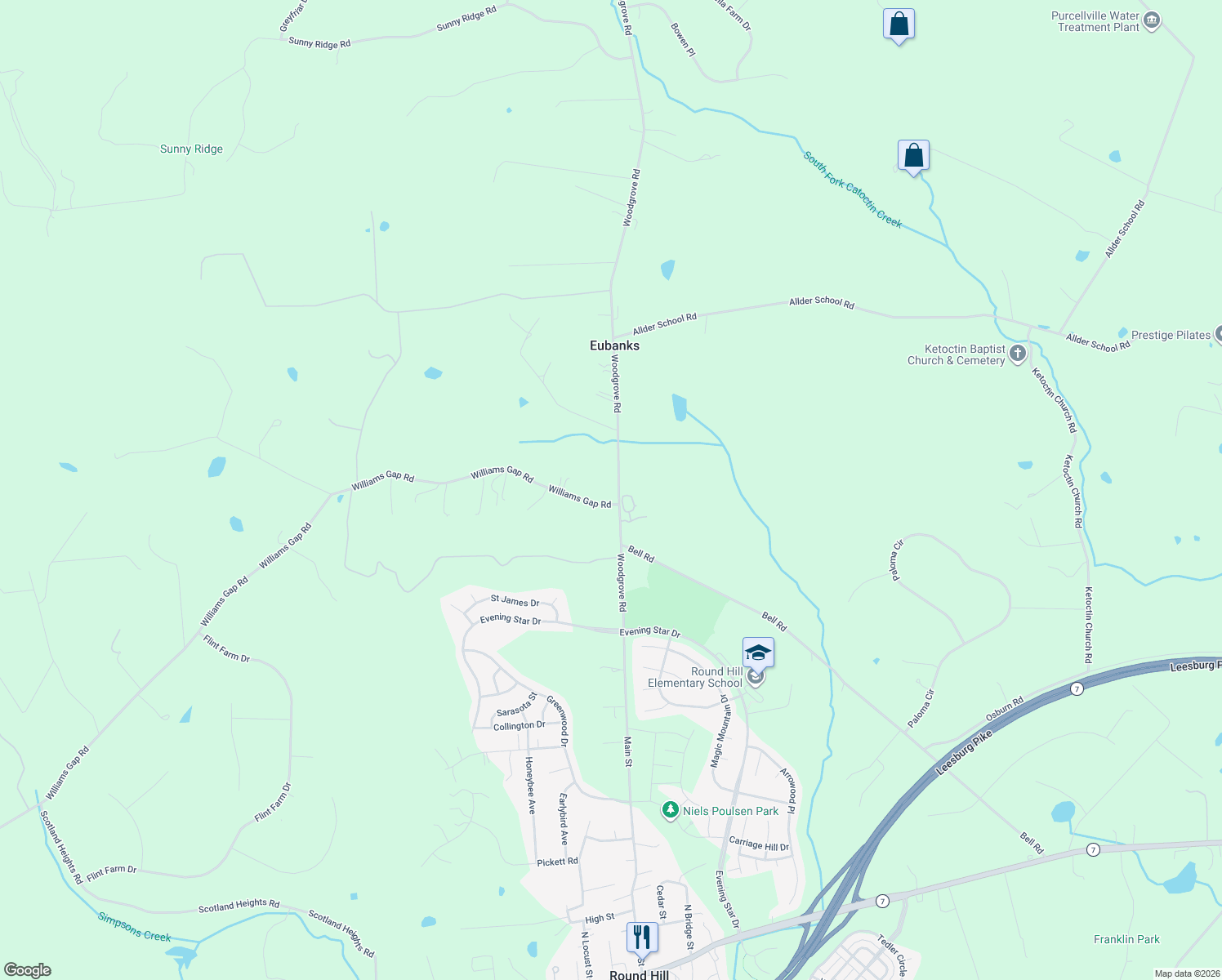 map of restaurants, bars, coffee shops, grocery stores, and more near 16819 Woodgrove Road in Round Hill