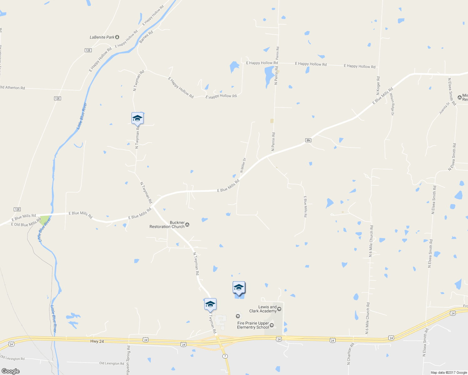 map of restaurants, bars, coffee shops, grocery stores, and more near 24309 East Blue Mills Road in Independence