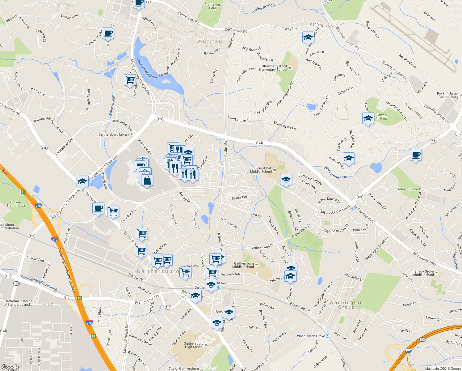 map of restaurants, bars, coffee shops, grocery stores, and more near 554 Odendhal Avenue in Gaithersburg