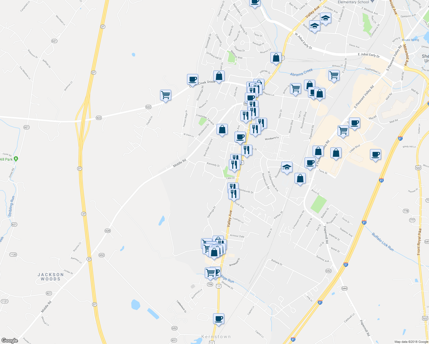 map of restaurants, bars, coffee shops, grocery stores, and more near 704 Lake Drive in Winchester