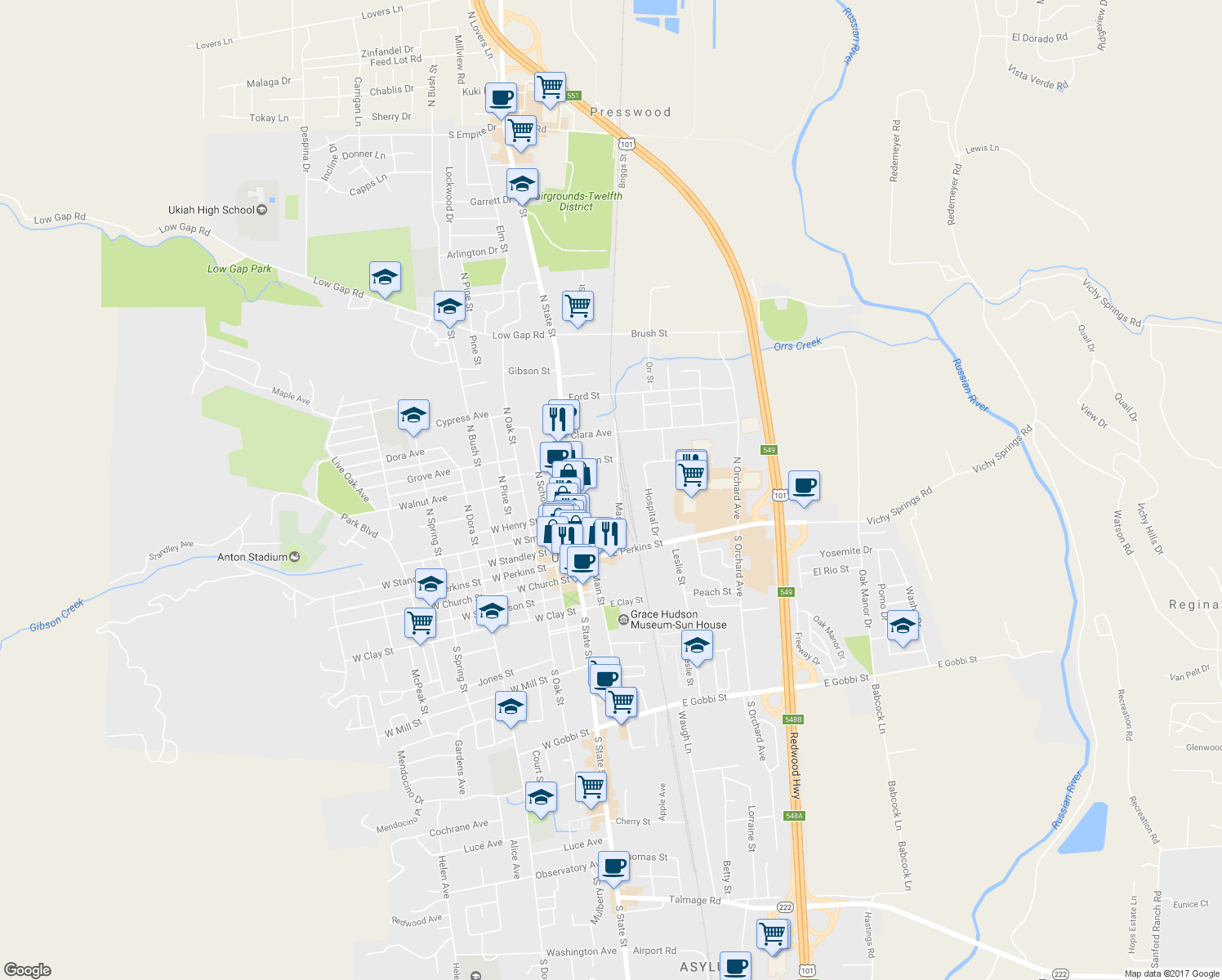 map of restaurants, bars, coffee shops, grocery stores, and more near 224 Mason Street in Ukiah