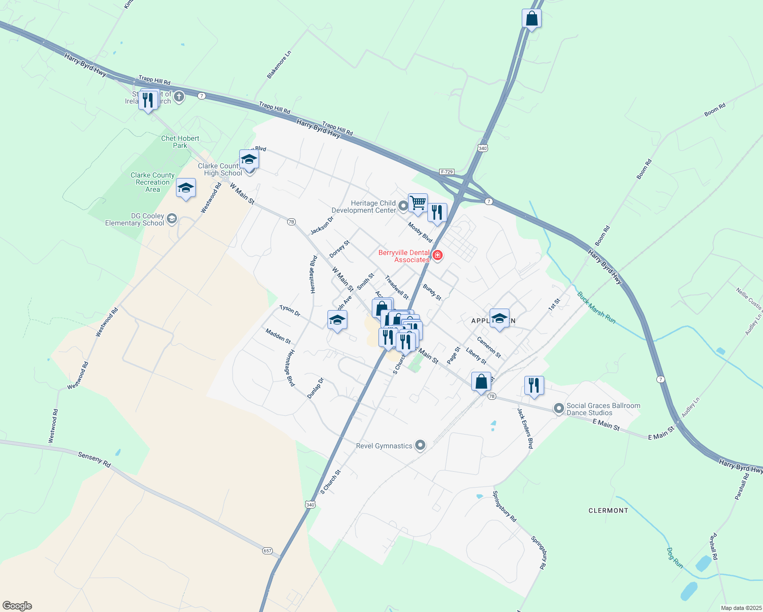 map of restaurants, bars, coffee shops, grocery stores, and more near 12 Rice Street in Berryville