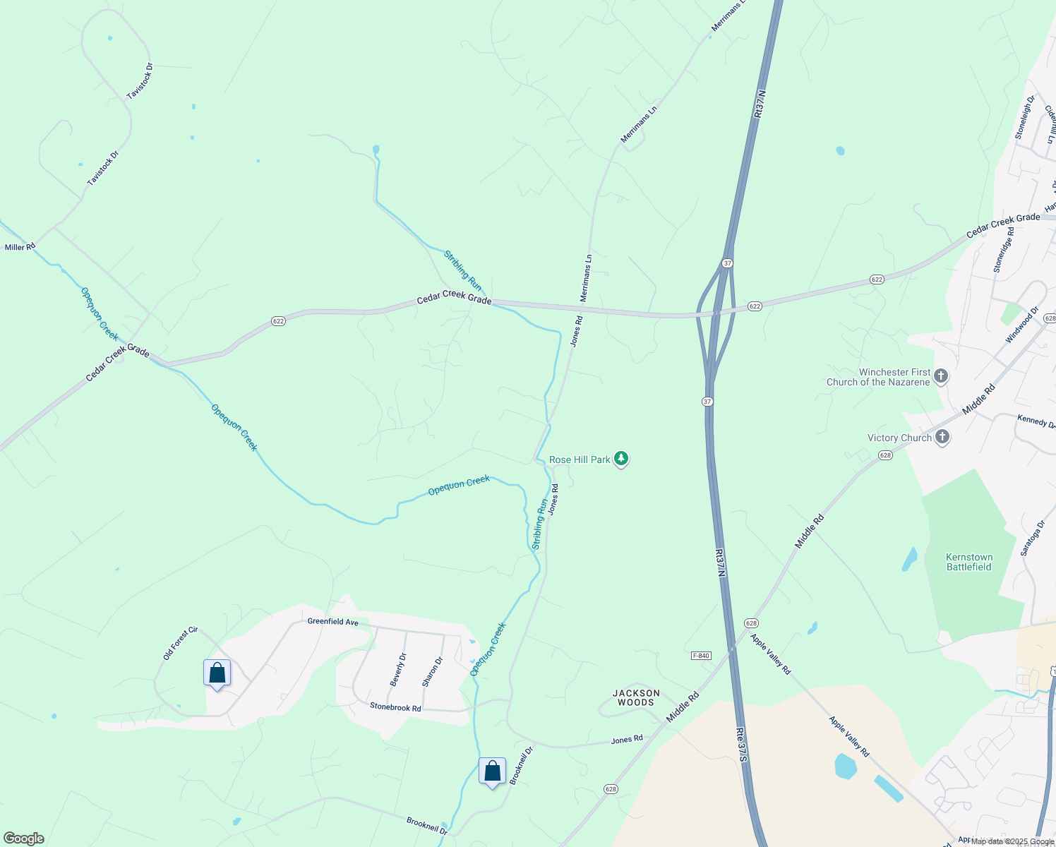 map of restaurants, bars, coffee shops, grocery stores, and more near 1900 Jones Road in Winchester