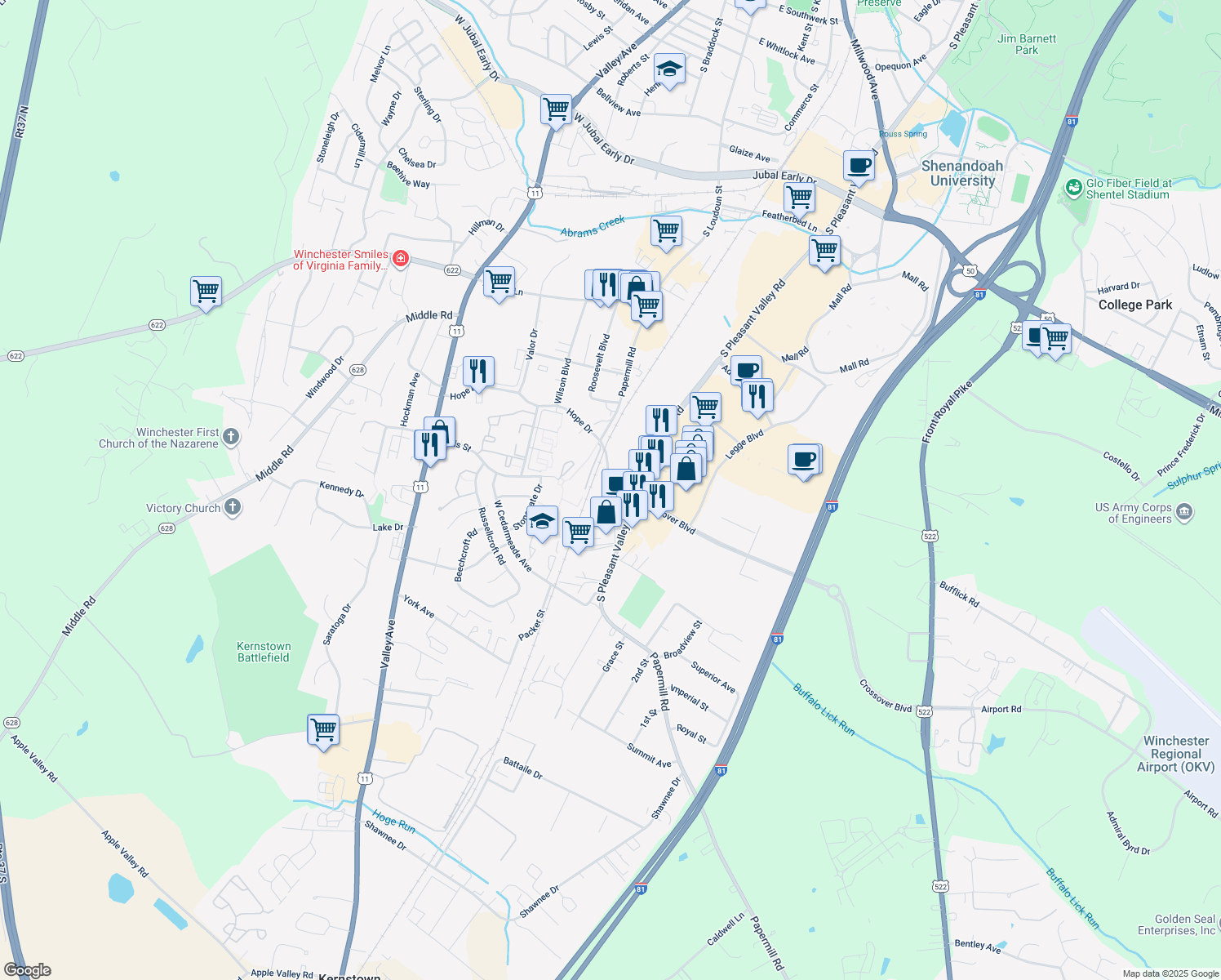 map of restaurants, bars, coffee shops, grocery stores, and more near 2637 Papermill Road in Winchester