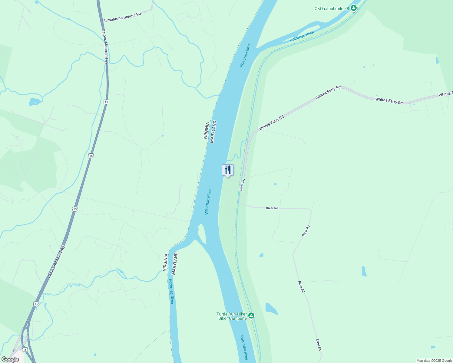 map of restaurants, bars, coffee shops, grocery stores, and more near 24801 Whites Ferry Road in Dickerson