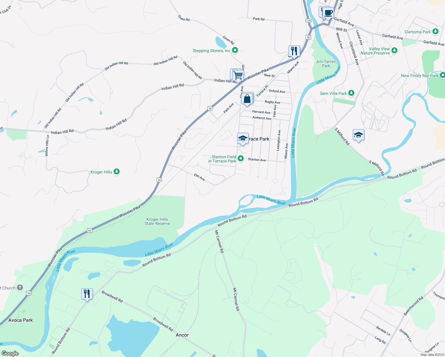 map of restaurants, bars, coffee shops, grocery stores, and more near 801 Princeton Drive in Terrace Park