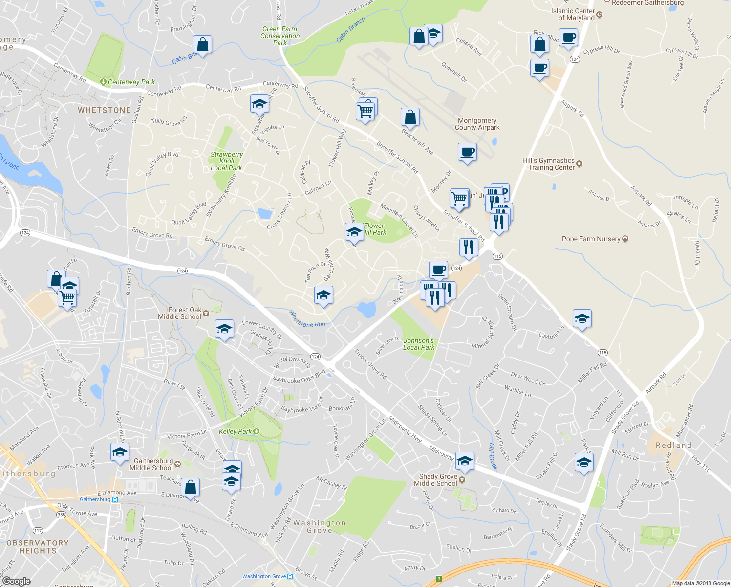 map of restaurants, bars, coffee shops, grocery stores, and more near 18313 Hallmark Court in Gaithersburg