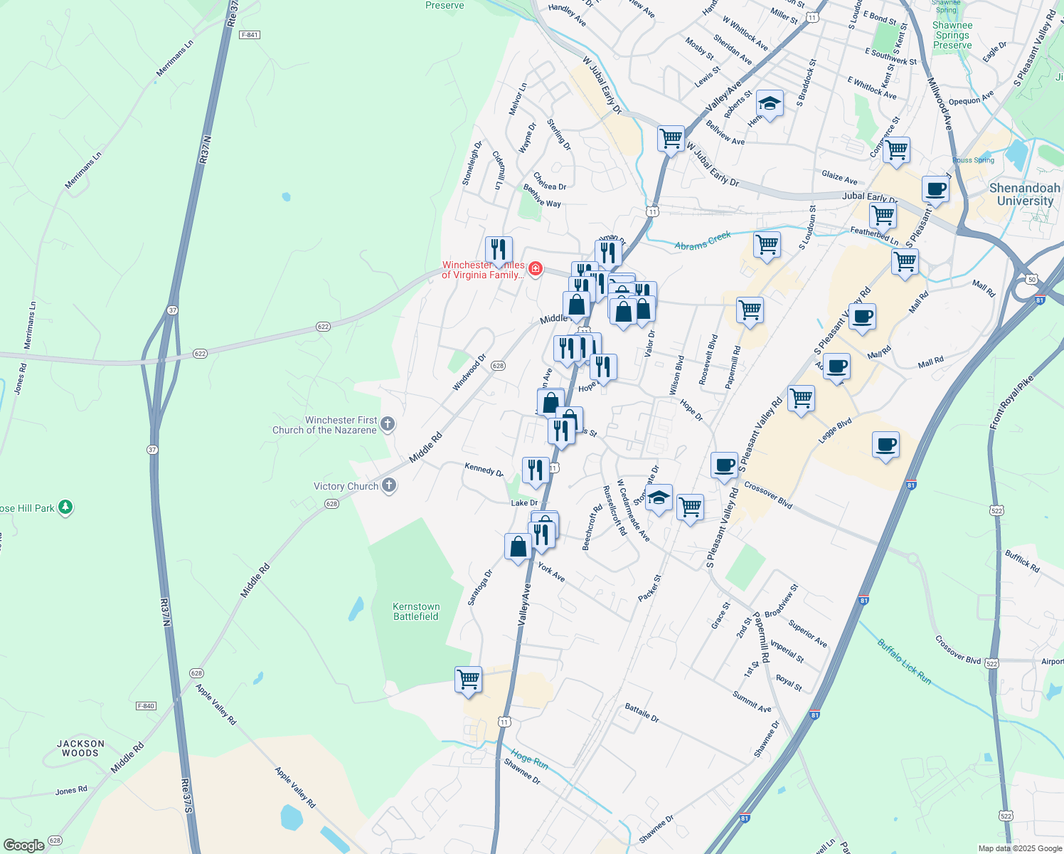 map of restaurants, bars, coffee shops, grocery stores, and more near 2629 Limestone Court in Winchester