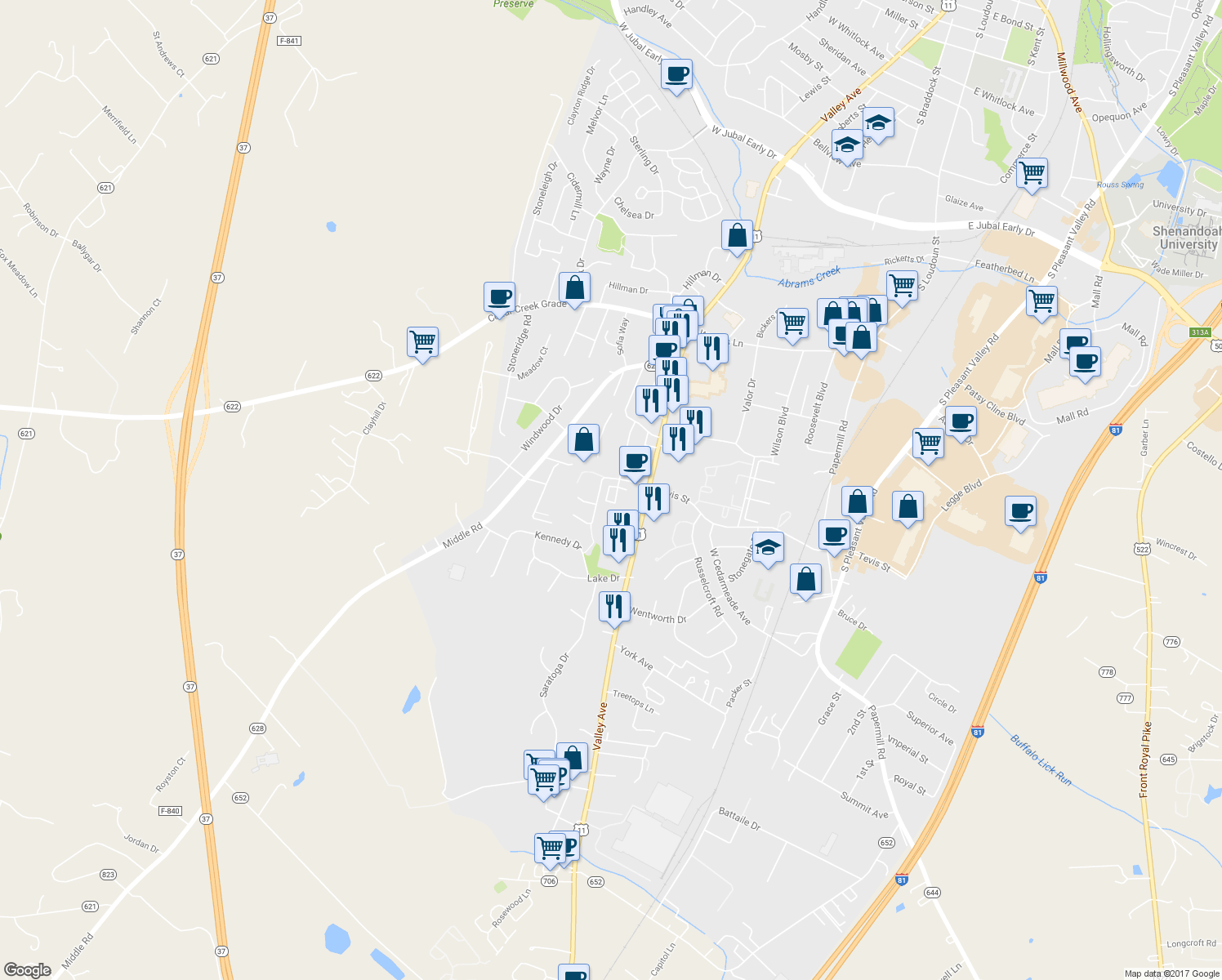 map of restaurants, bars, coffee shops, grocery stores, and more near 2625 Limestone Court in Winchester