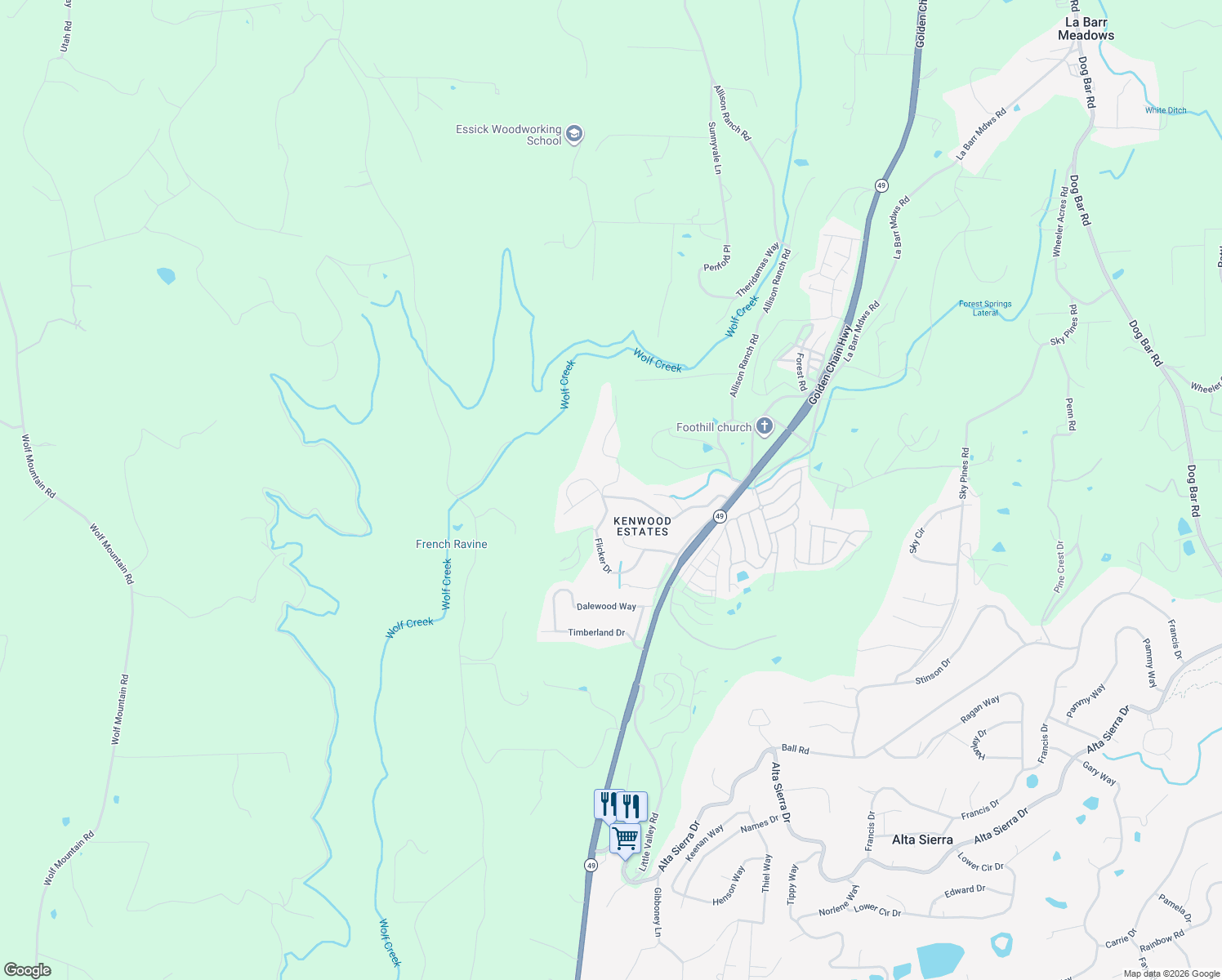 map of restaurants, bars, coffee shops, grocery stores, and more near 10360 Kenwood Drive in Grass Valley