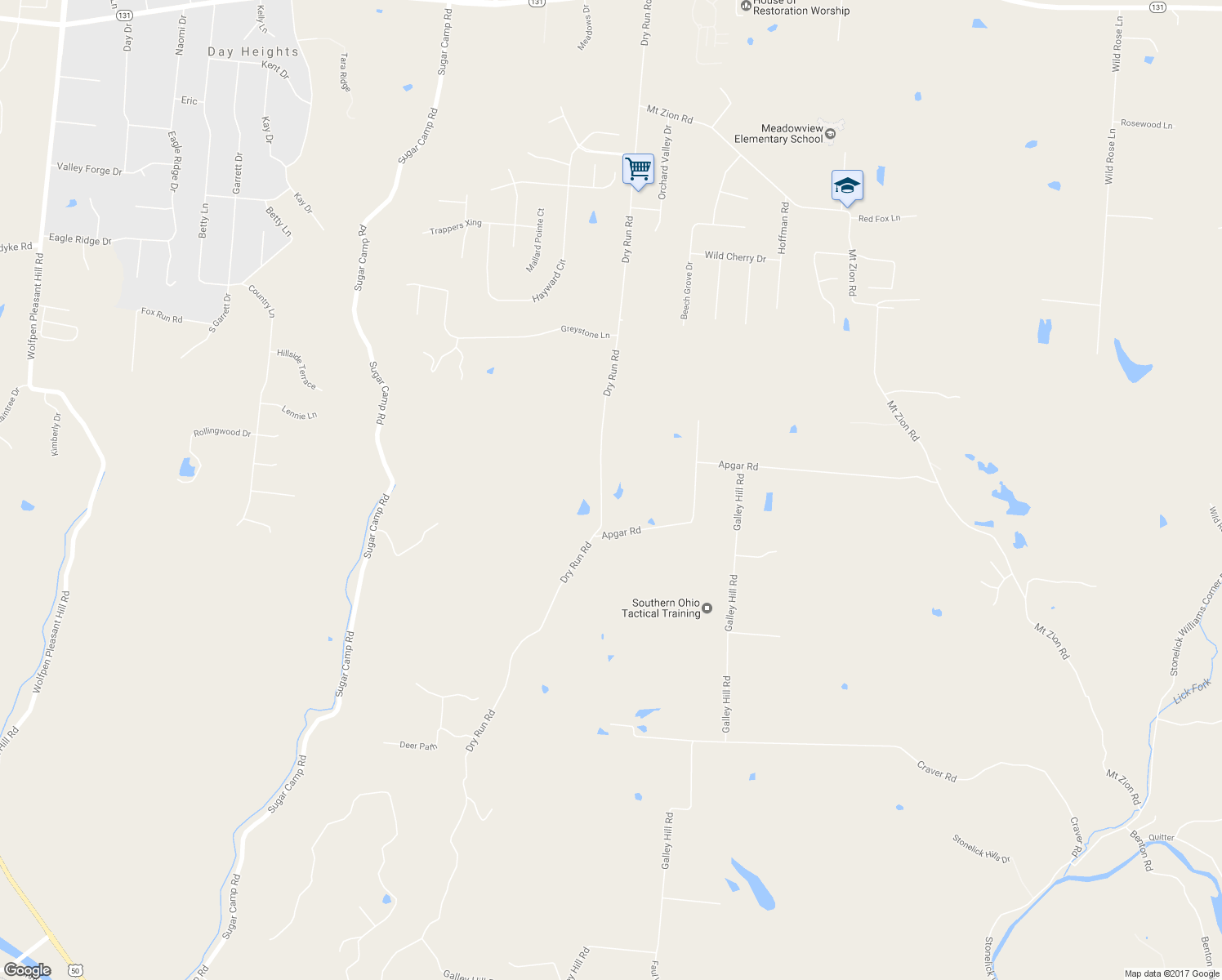 map of restaurants, bars, coffee shops, grocery stores, and more near 5396 Dry Run Road in Milford