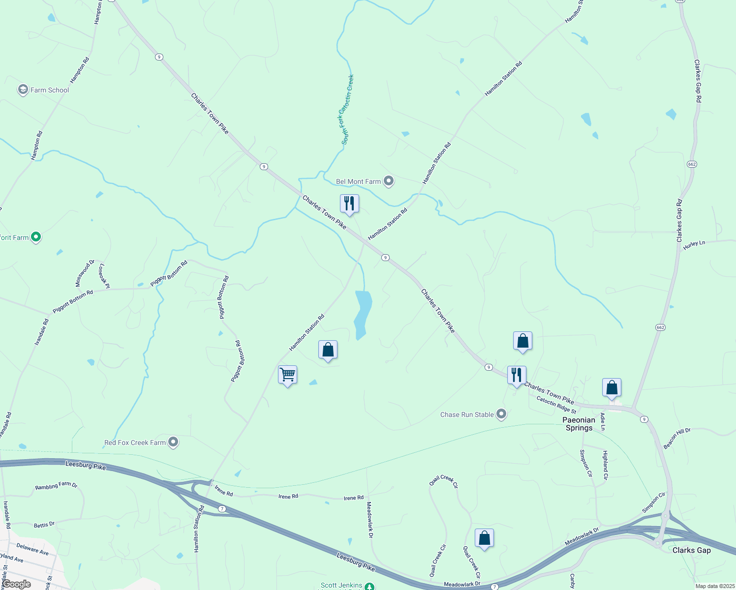 map of restaurants, bars, coffee shops, grocery stores, and more near 39945 Charles Town Pike in Hamilton