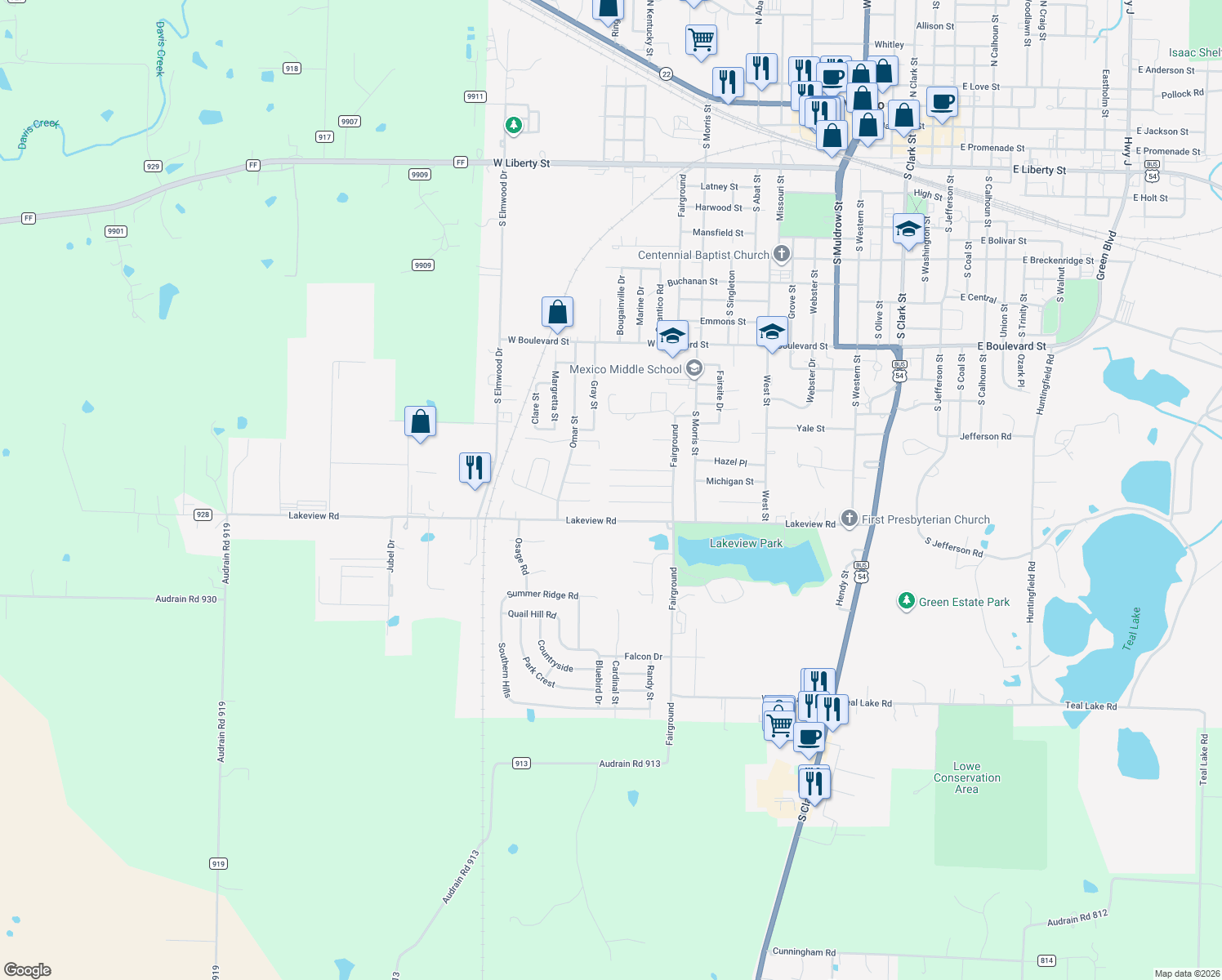 map of restaurants, bars, coffee shops, grocery stores, and more near 1418 Rosebud St in Mexico