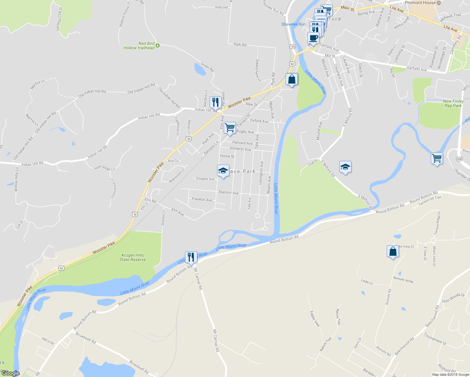 map of restaurants, bars, coffee shops, grocery stores, and more near 725 Myrtle Avenue in Terrace Park