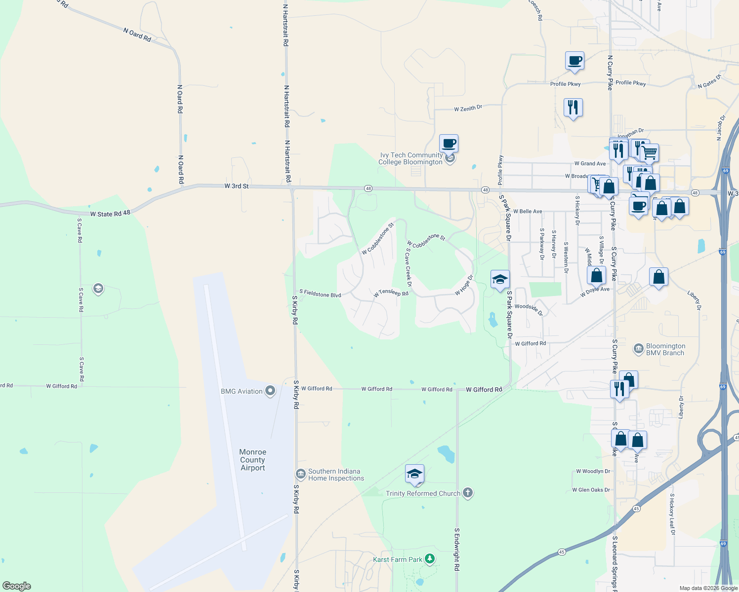 map of restaurants, bars, coffee shops, grocery stores, and more near 5628 West Bedrock Road in Bloomington
