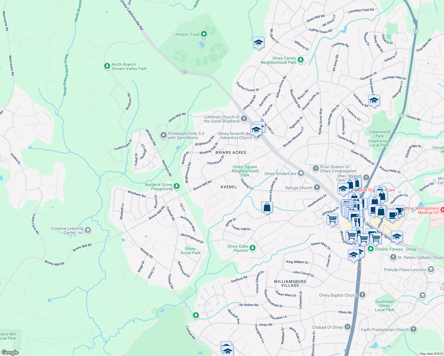 map of restaurants, bars, coffee shops, grocery stores, and more near 18324 Darnell Drive in Olney