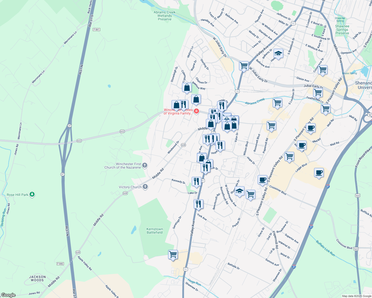 map of restaurants, bars, coffee shops, grocery stores, and more near 612 Crestview Terrace in Winchester