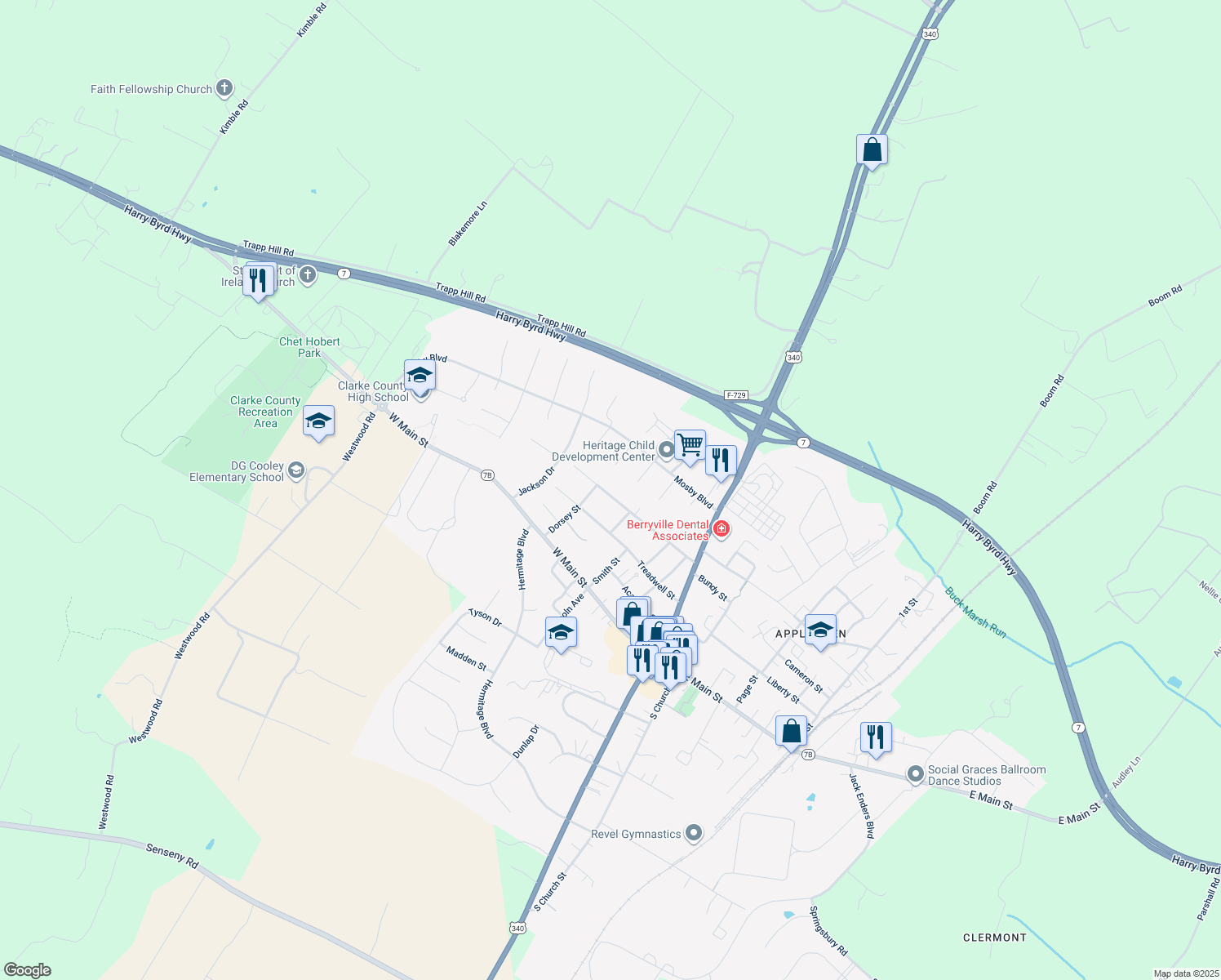 map of restaurants, bars, coffee shops, grocery stores, and more near 312 Walnut Street in Berryville