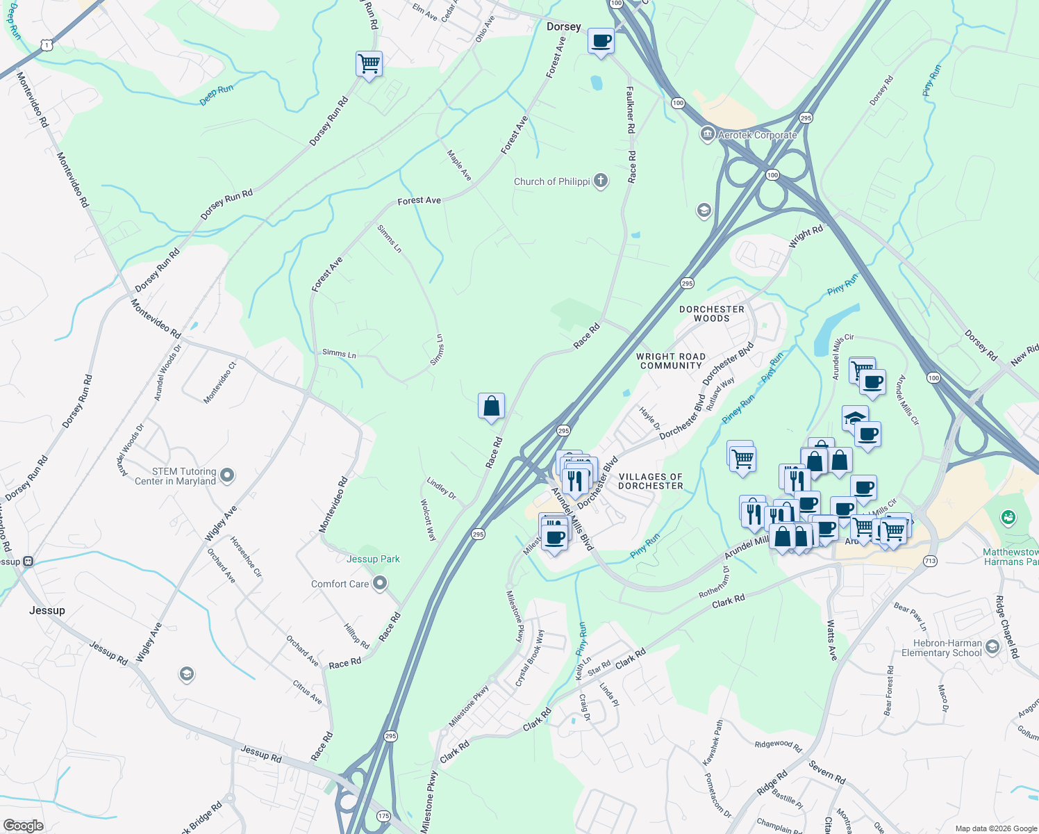 map of restaurants, bars, coffee shops, grocery stores, and more near 7545 Race Road in Hanover