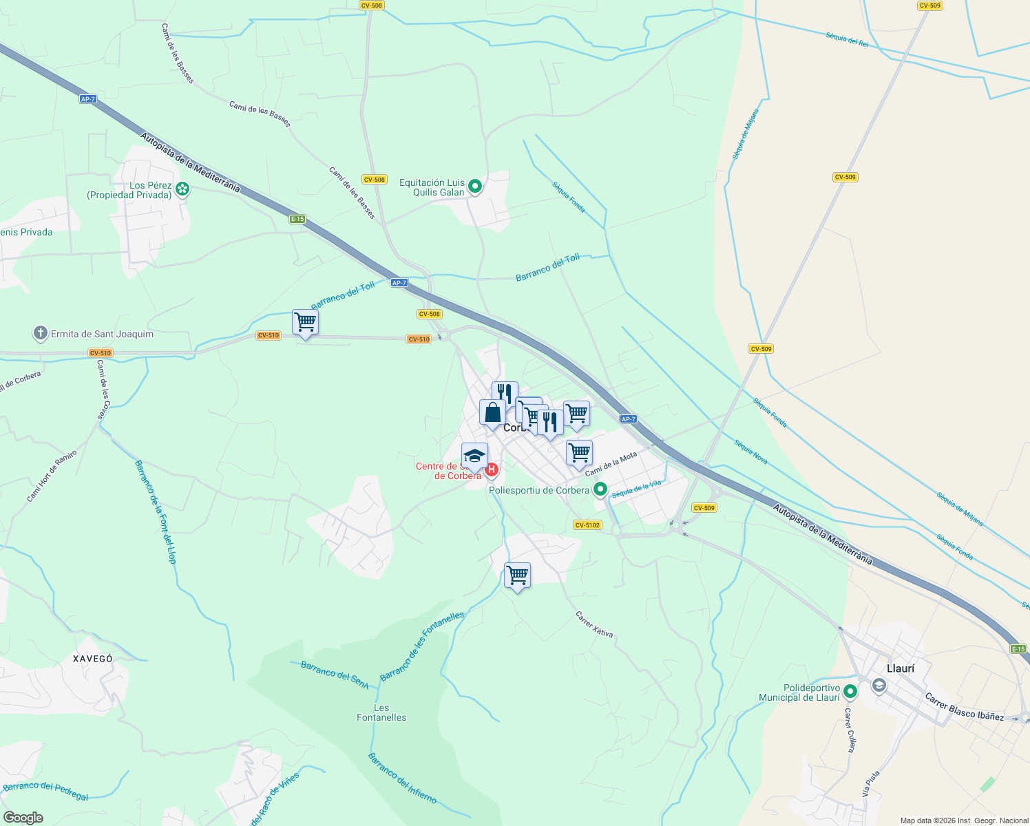map of restaurants, bars, coffee shops, grocery stores, and more near 12 Carrer de Ramón y Cajal in Corbera