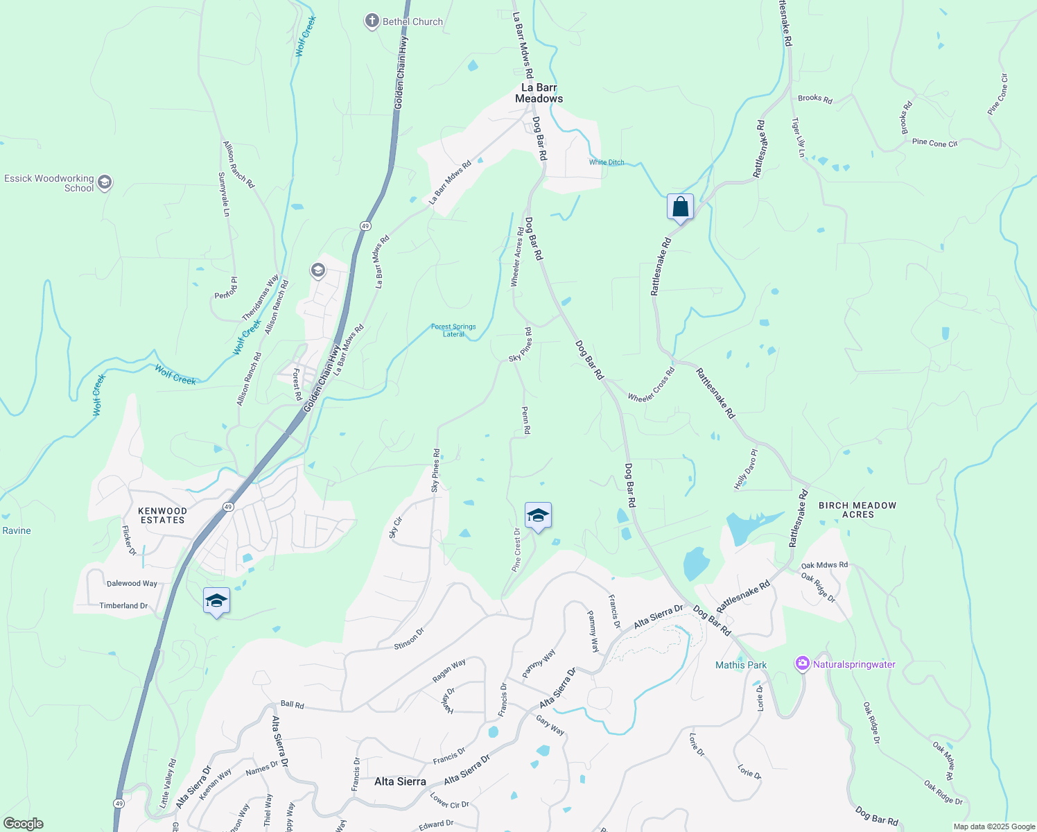map of restaurants, bars, coffee shops, grocery stores, and more near 14406 Penn Road in Grass Valley