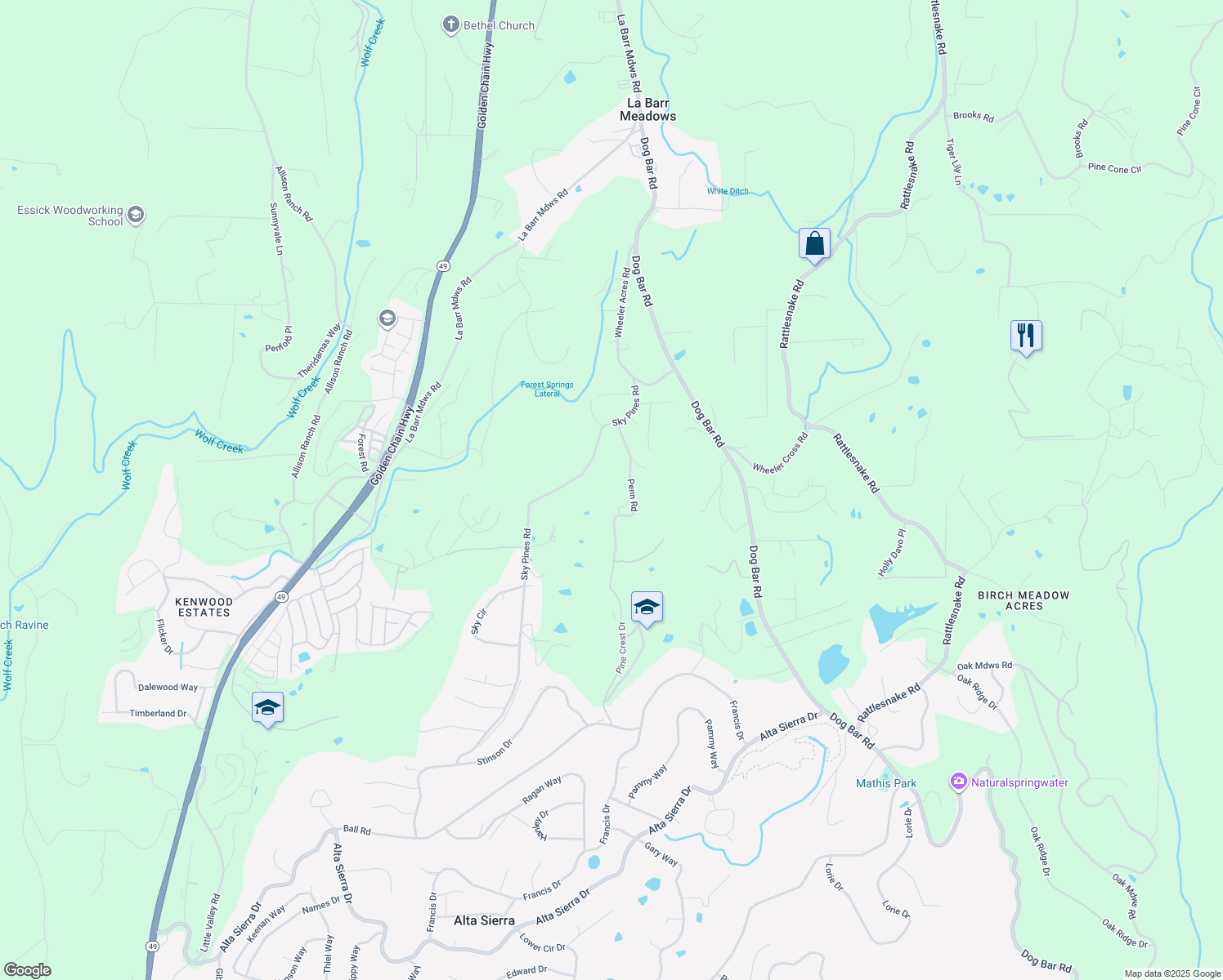 map of restaurants, bars, coffee shops, grocery stores, and more near 14406 Penn Road in Grass Valley
