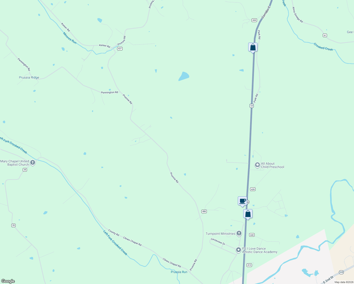 map of restaurants, bars, coffee shops, grocery stores, and more near 1256 Prussia Road in Waverly