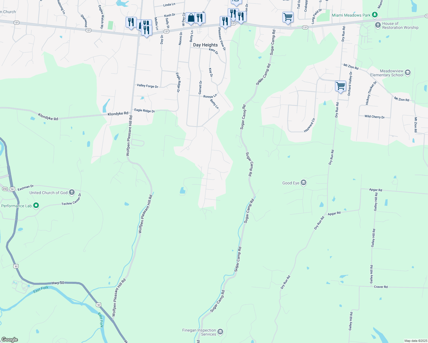 map of restaurants, bars, coffee shops, grocery stores, and more near 5449 Christy Lane in Milford