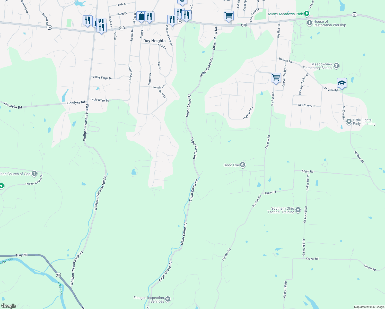map of restaurants, bars, coffee shops, grocery stores, and more near 5407 Sugar Camp Road in Milford