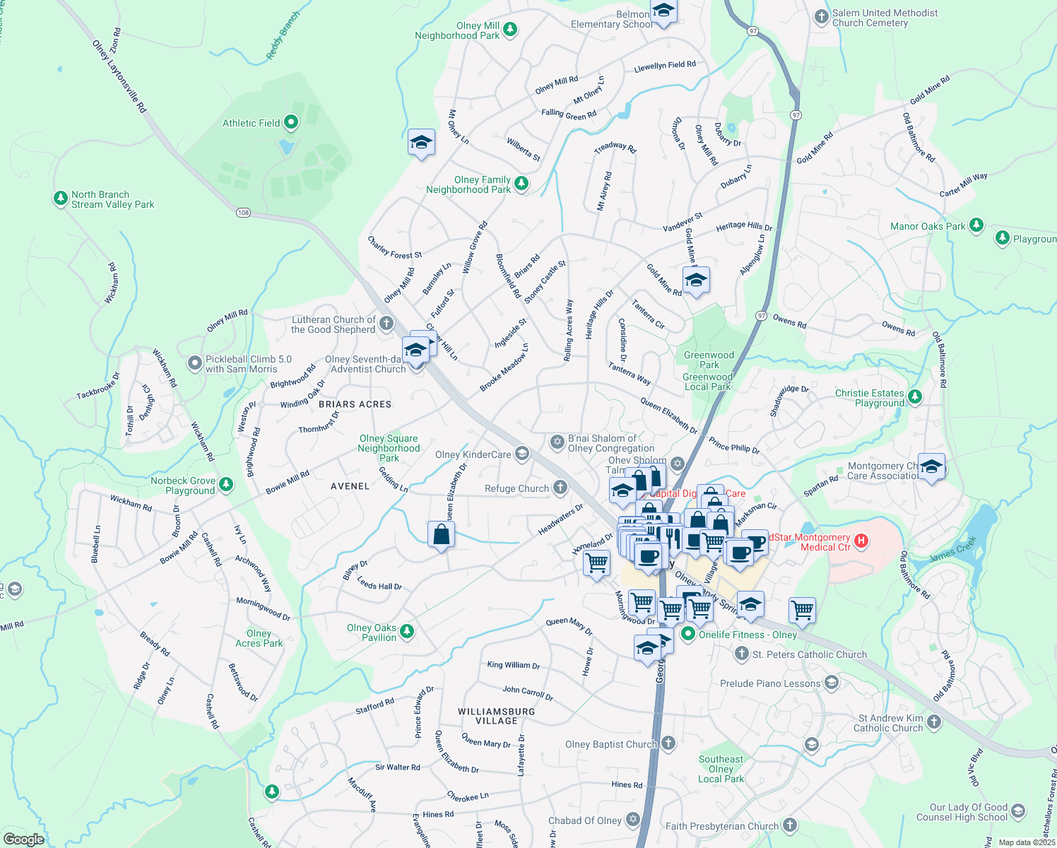 map of restaurants, bars, coffee shops, grocery stores, and more near 3701 Toddsbury Lane in Olney