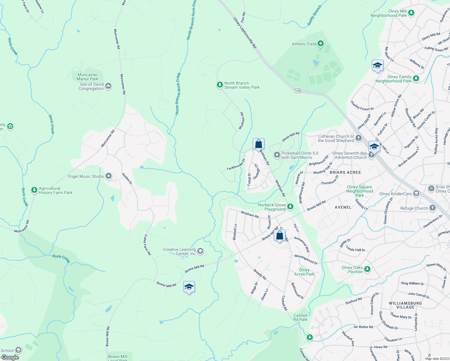 map of restaurants, bars, coffee shops, grocery stores, and more near 18526 Rushbrooke Drive in Olney