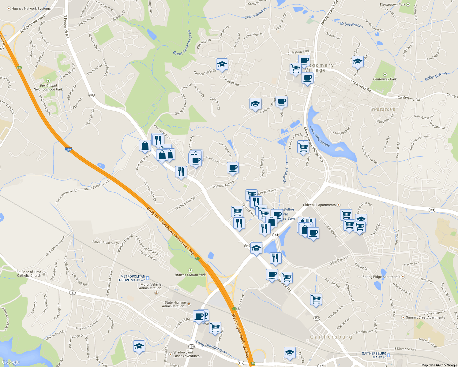 map of restaurants, bars, coffee shops, grocery stores, and more near 180 Watkins Mill Road in Gaithersburg