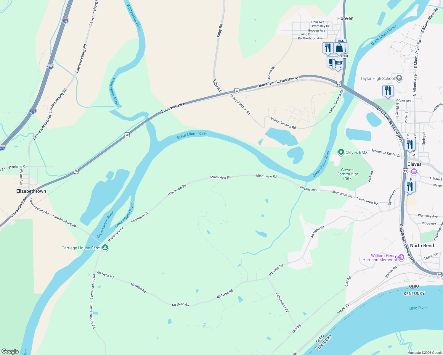 map of restaurants, bars, coffee shops, grocery stores, and more near 10698 Miamiview Road in North Bend