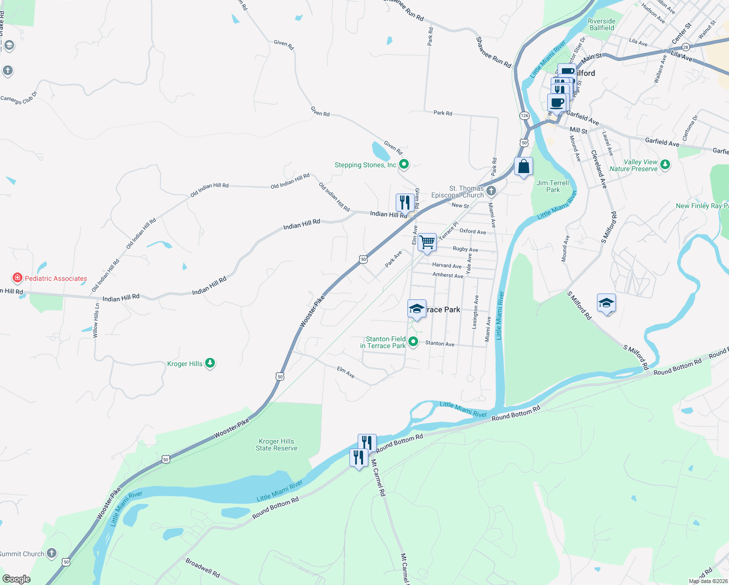 map of restaurants, bars, coffee shops, grocery stores, and more near 2 Kent Cir in Terrace Park