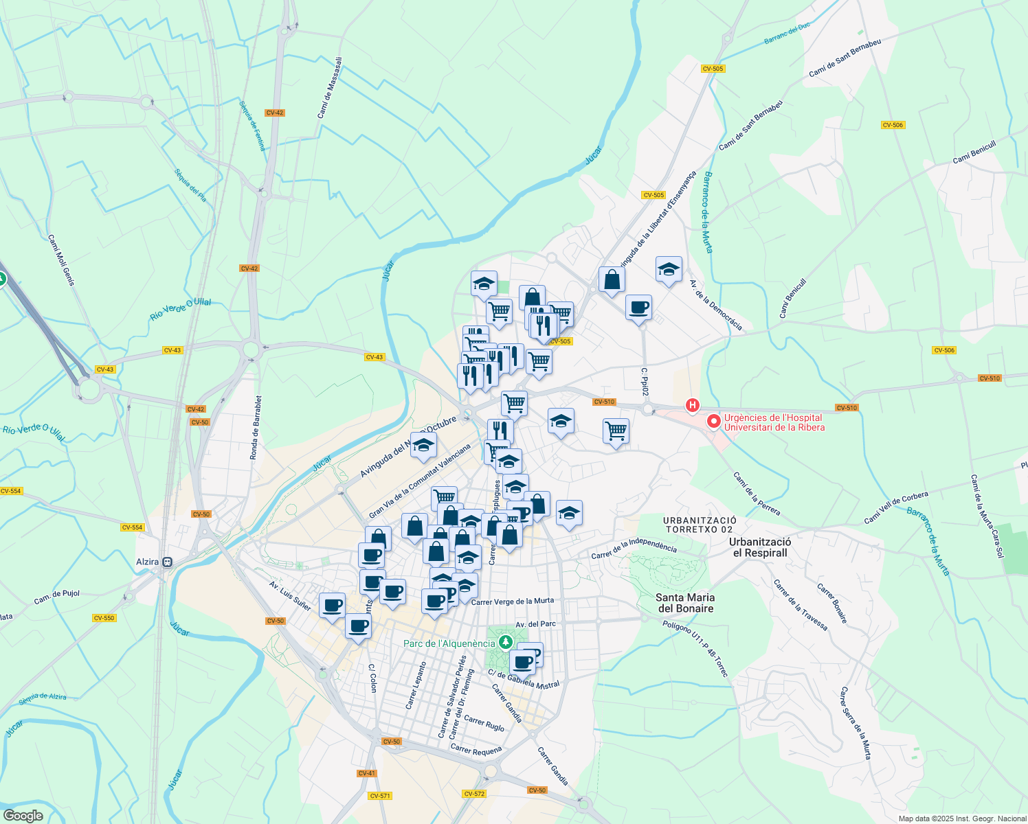 map of restaurants, bars, coffee shops, grocery stores, and more near 44 Calle General Espartero in Alcira
