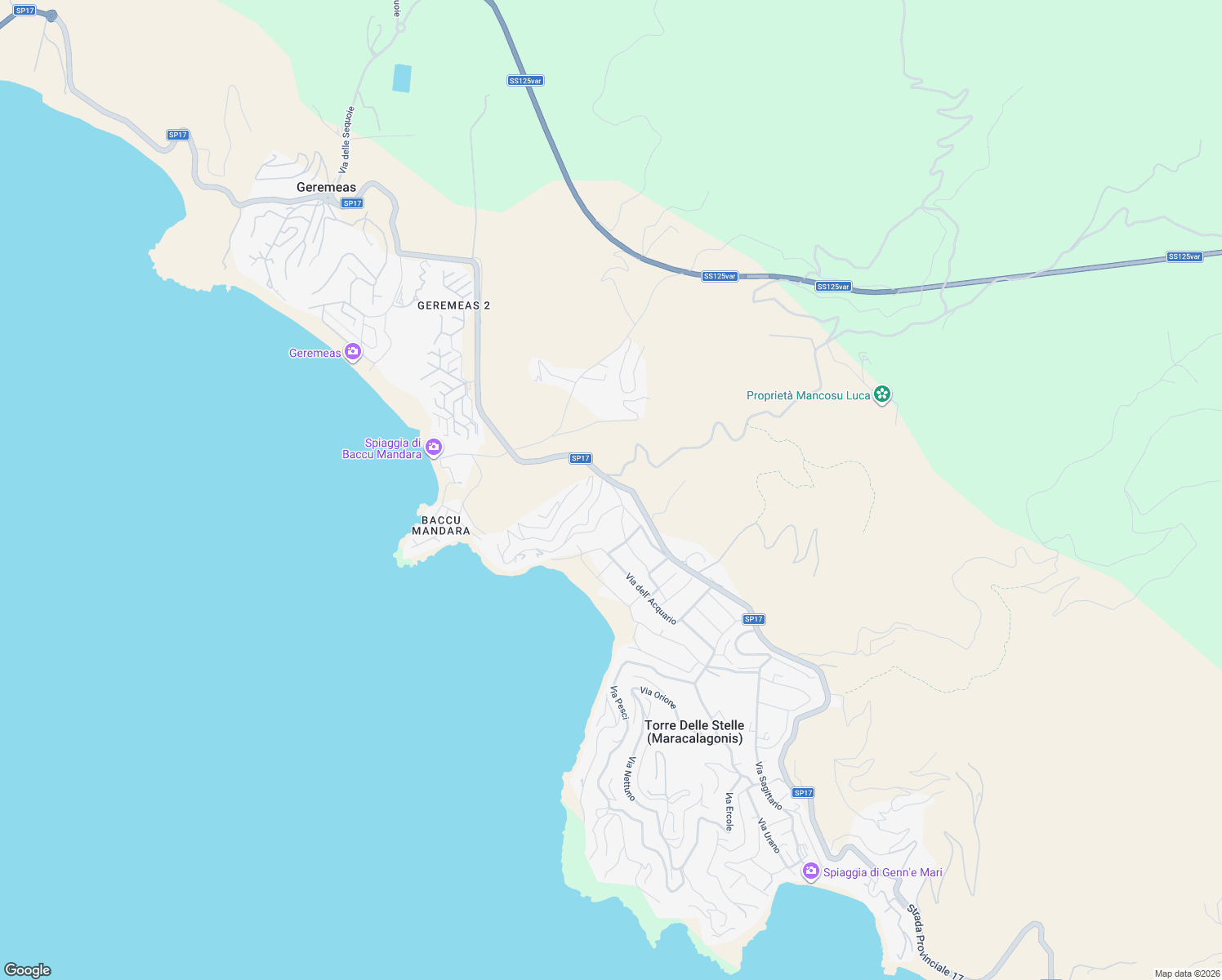 map of restaurants, bars, coffee shops, grocery stores, and more near 15 Via Ara in Torre Delle Stelle (Maracalagonis)