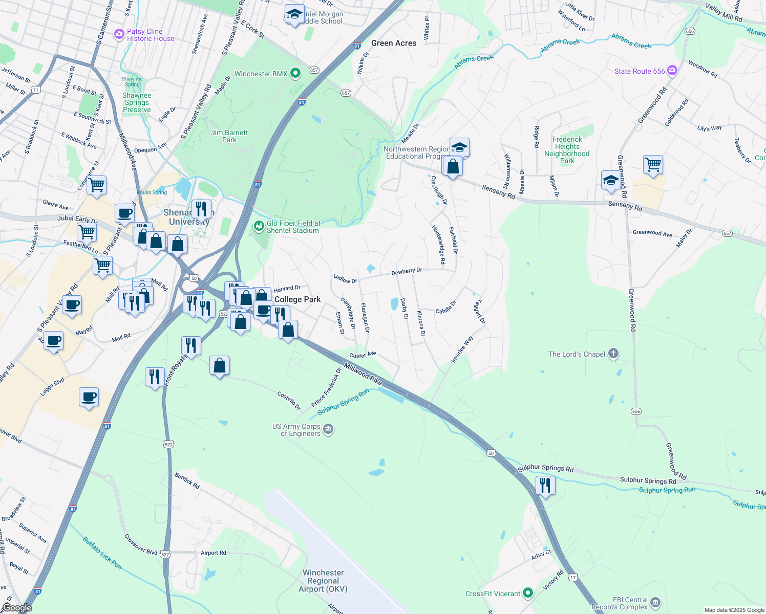 map of restaurants, bars, coffee shops, grocery stores, and more near 107 Donegal Court in Winchester