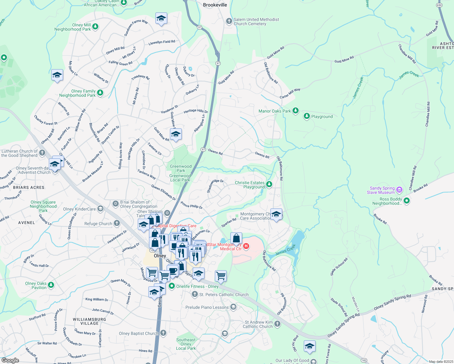 map of restaurants, bars, coffee shops, grocery stores, and more near 18601 Shadowridge Terrace in Olney