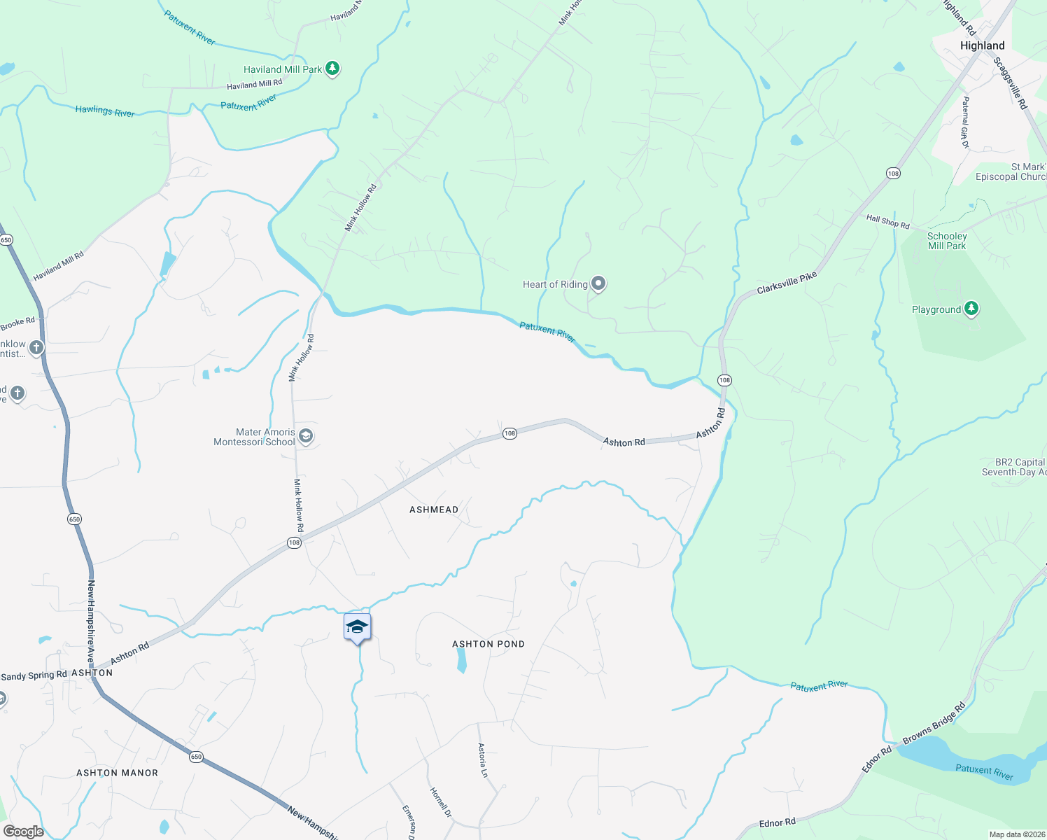 map of restaurants, bars, coffee shops, grocery stores, and more near 1216 Ashton Road in Ashton-Sandy Spring