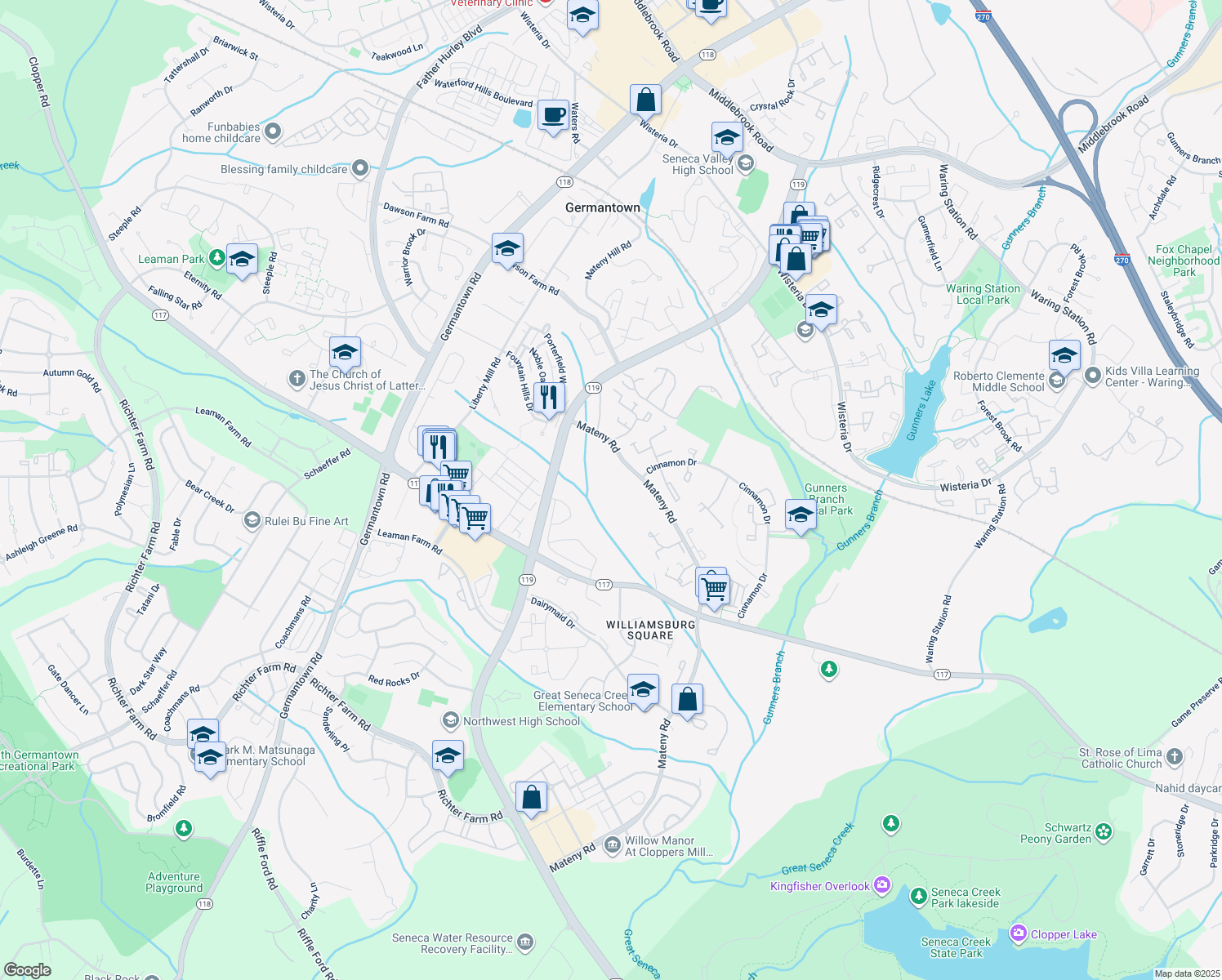 map of restaurants, bars, coffee shops, grocery stores, and more near 18749 Harmony Woods Lane in Germantown