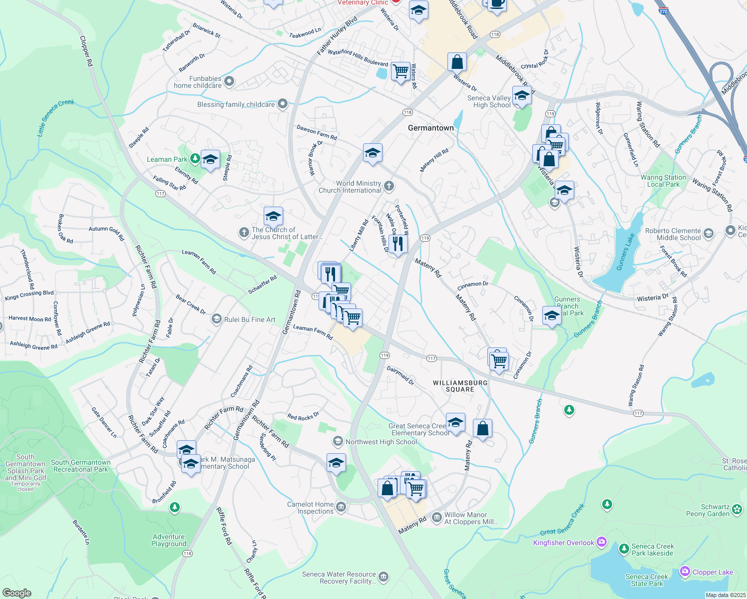 map of restaurants, bars, coffee shops, grocery stores, and more near 13417 Rising Sun Lane in Germantown