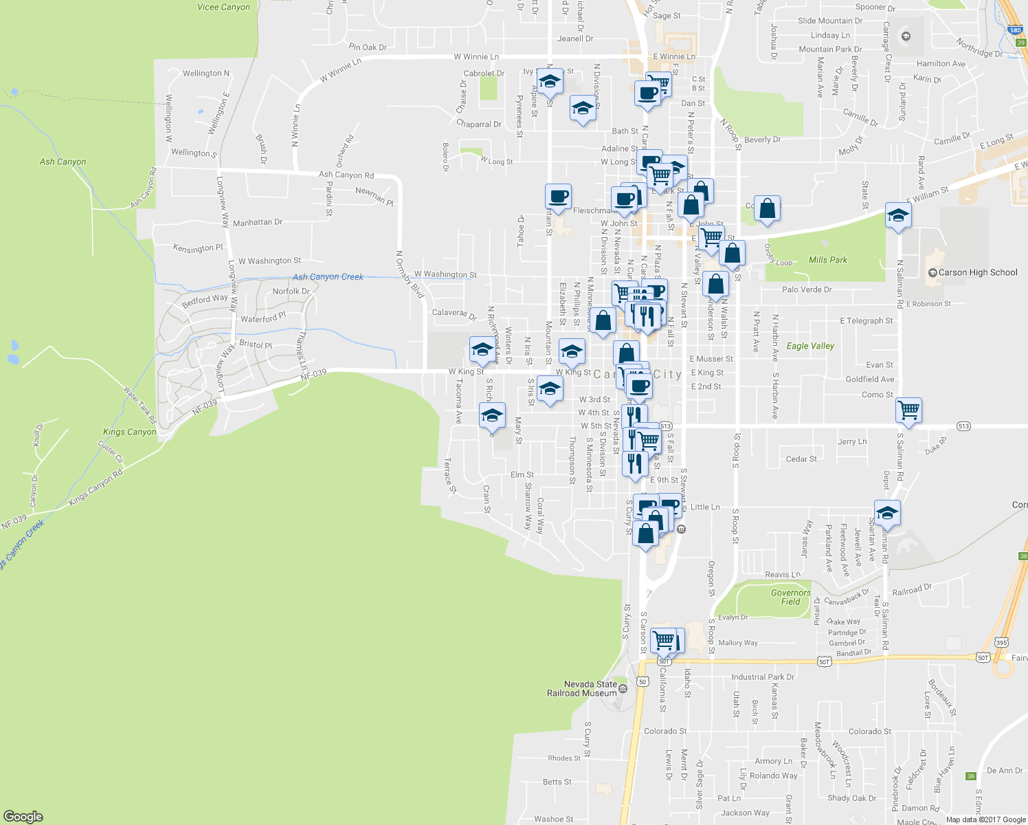 map of restaurants, bars, coffee shops, grocery stores, and more near 232 Mary Street in Carson City