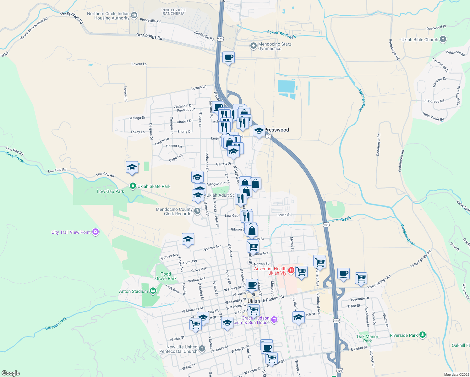map of restaurants, bars, coffee shops, grocery stores, and more near 1040 North State Street in Ukiah